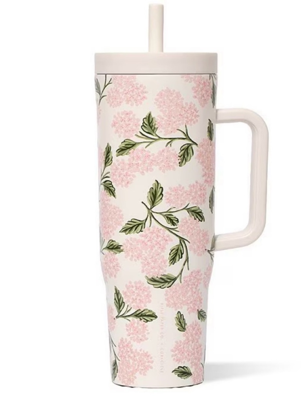 Corkcicle Pink Floral Travel Tumbler with Green Leaves